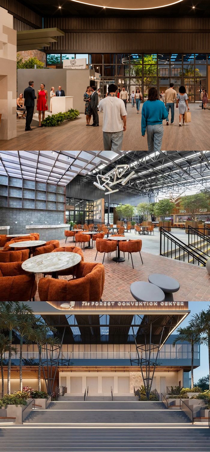 Montagem: hall do evento, lounge e fachada do The Forest Convention Center